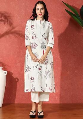 White Printed Blended Kurta Set