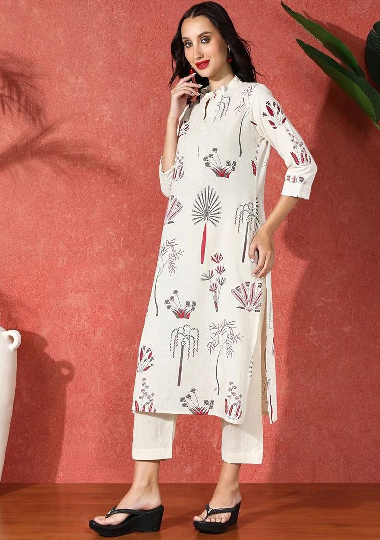 White Printed Blended Kurta Set - Indya