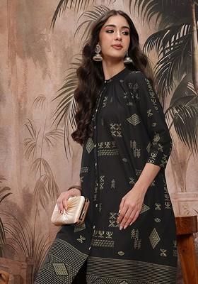 Black Printed Blended Kurta Set