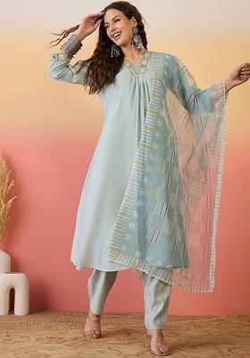 Blue Self Design Blended Kurta Set