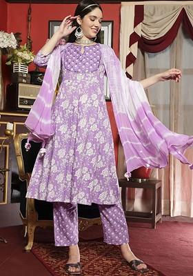 Mauve Embroidered Blended Kurta Set