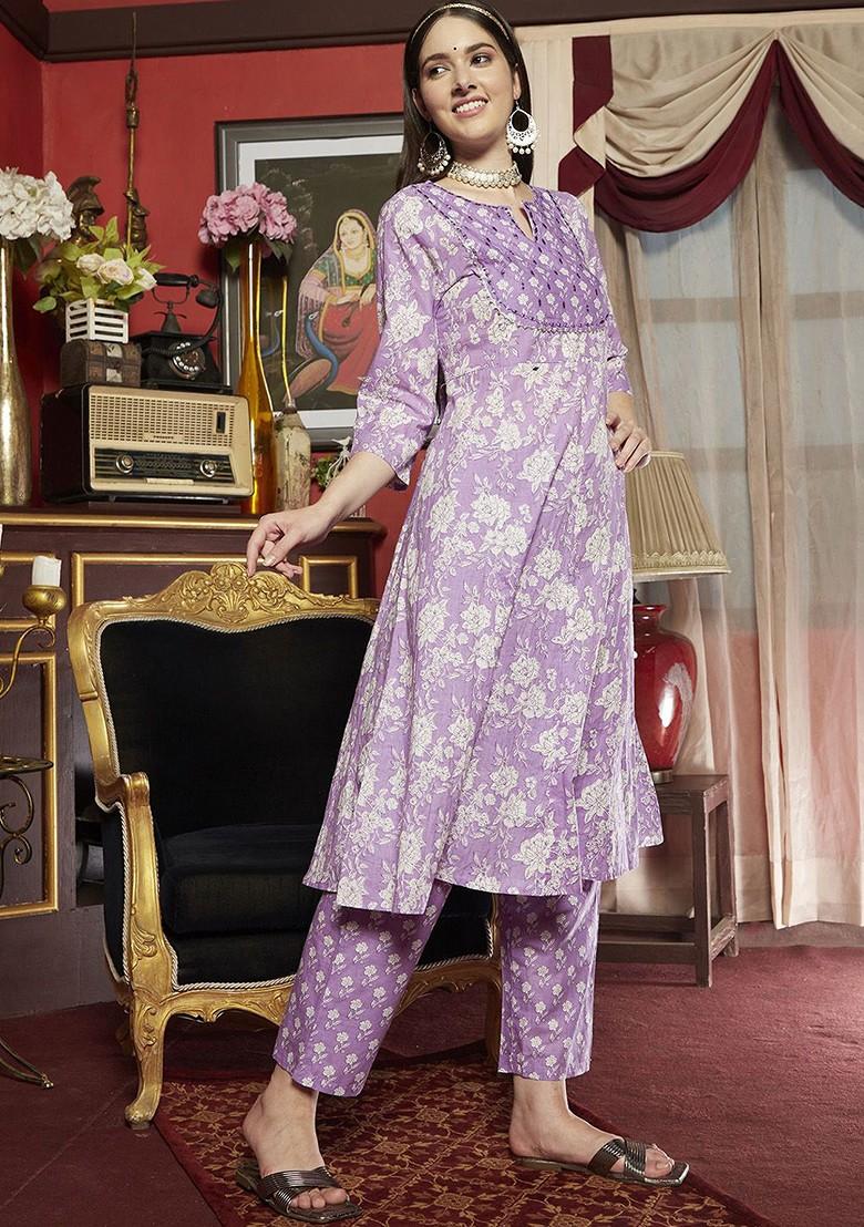Mauve Embroidered Blended Kurta Set - Indya