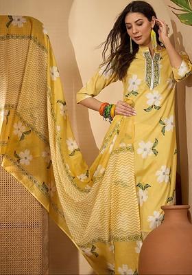 Yellow Printed Blended Kurta Set