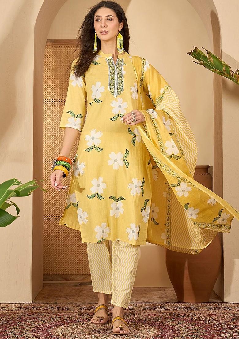 Yellow Printed Blended Kurta Set - Indya