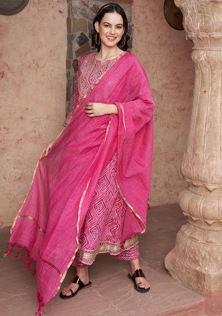 Magenta Printed Blended Kurta Set - Indya