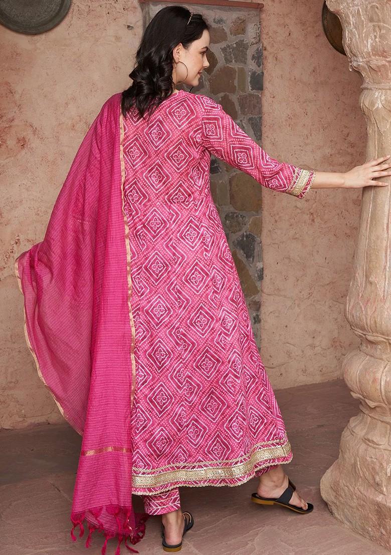 Magenta Printed Blended Kurta Set - Indya