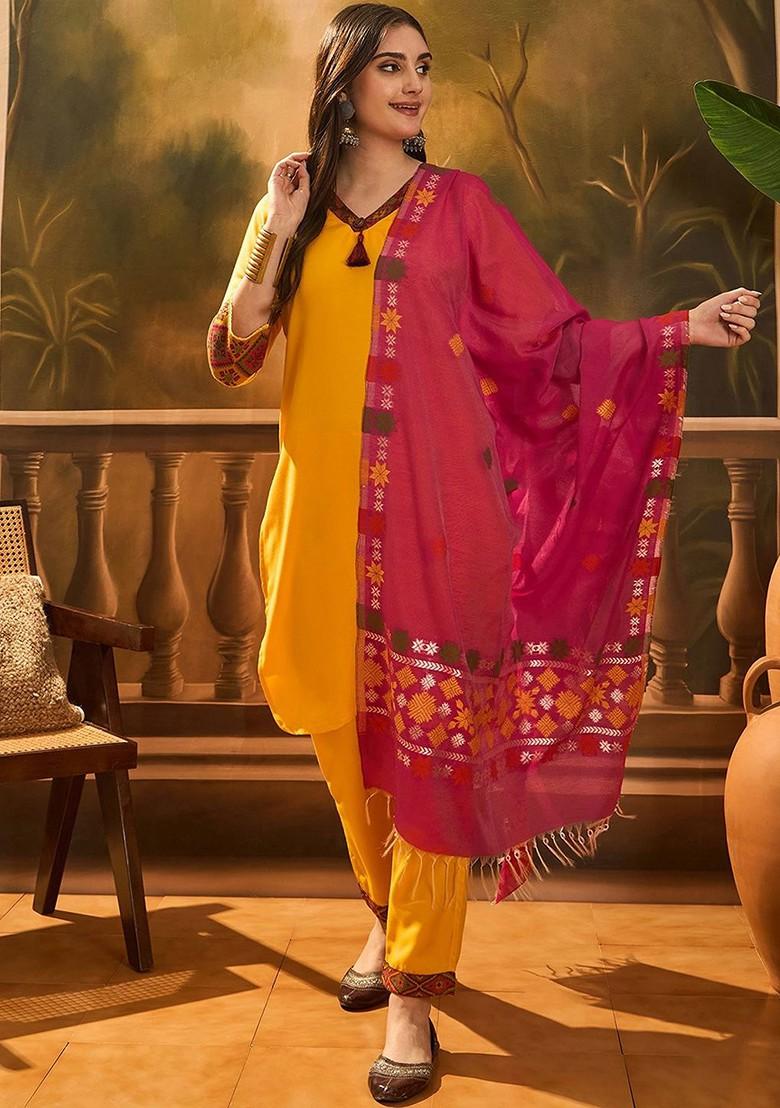 Yellow Solid Blended Kurta Set - Indya