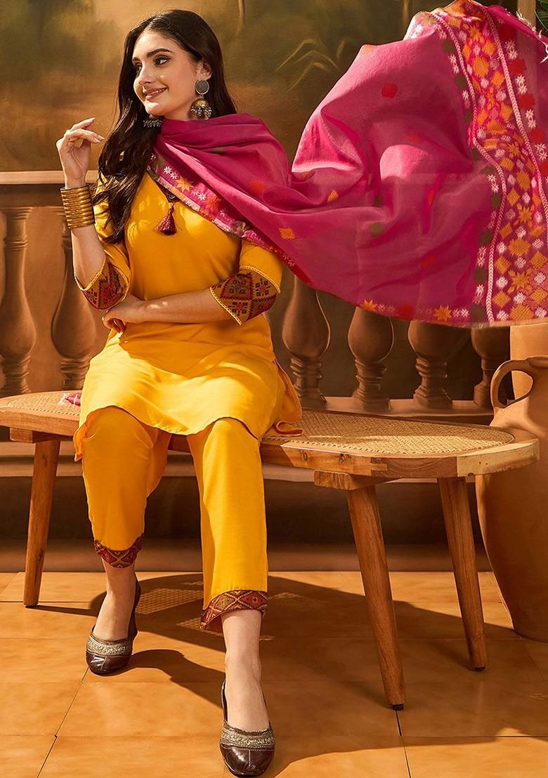 Yellow Solid Blended Kurta Set - Indya
