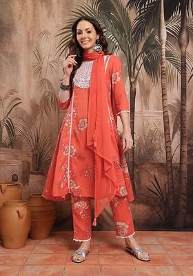 Orange Printed Blended Kurta Set
