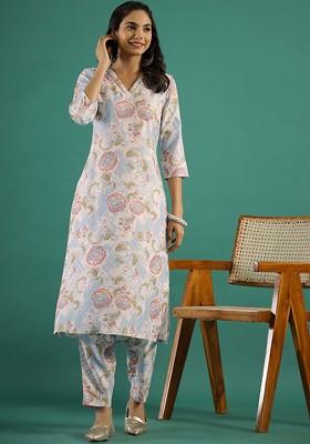 Off White Printed Blended Kurta Set