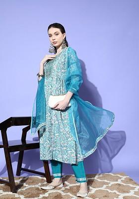 Blue Yoke Design Blended Kurta Set