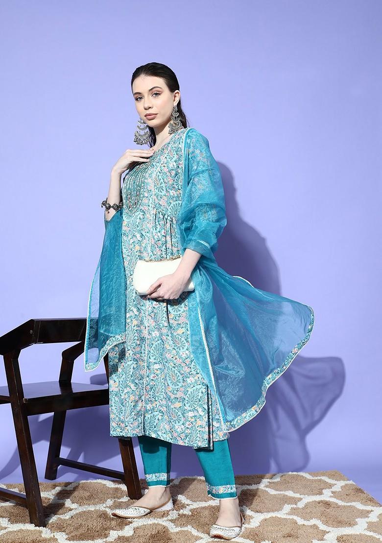 Blue Yoke Design Blended Kurta Set