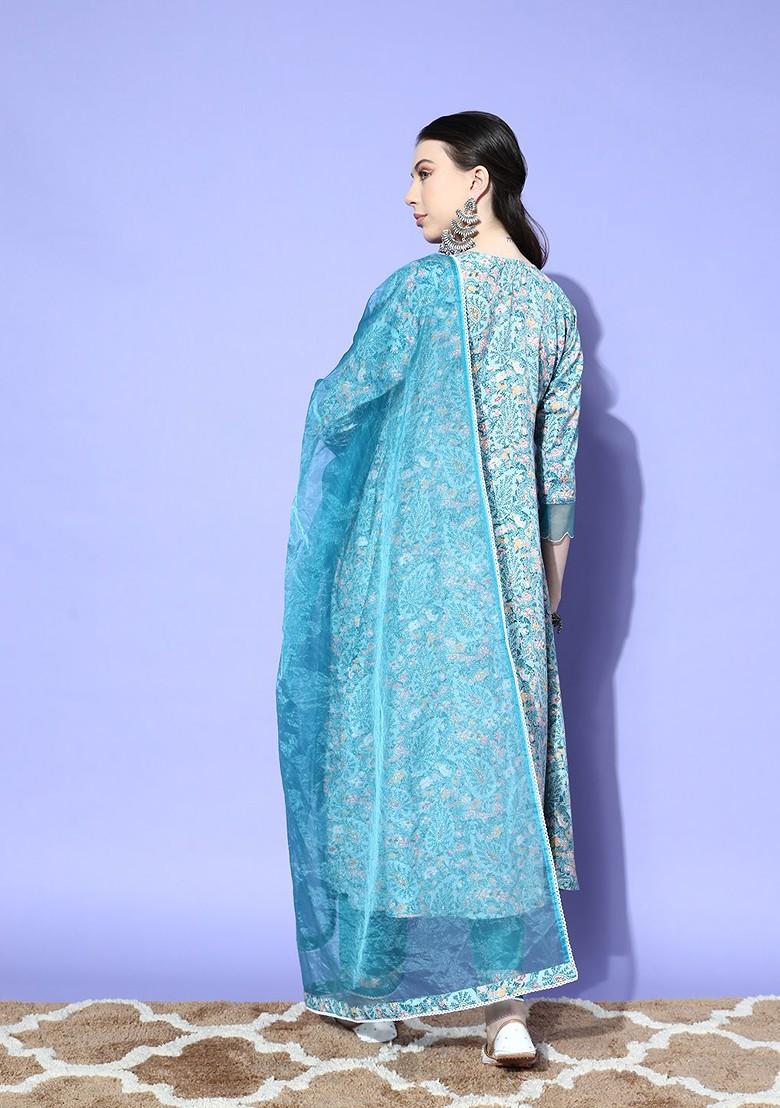 Blue Yoke Design Blended Kurta Set - Indya