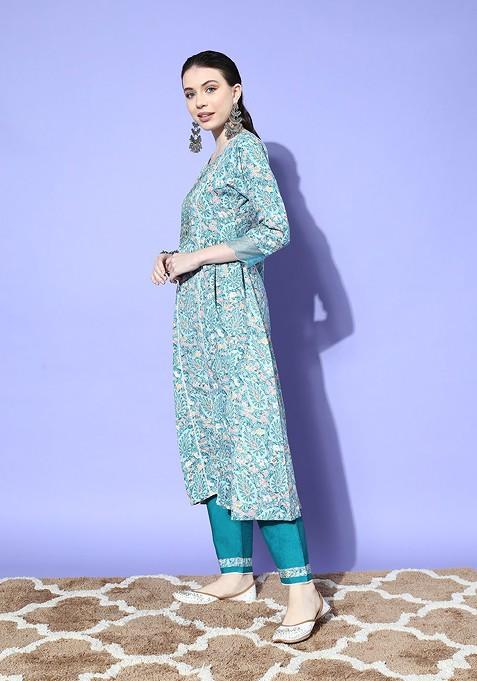 Blue Yoke Design Blended Kurta Set