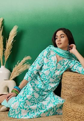 Sea Green Printed Blended Kurta Set