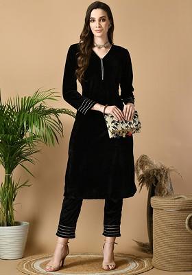 Black Solid Blended Kurta Set