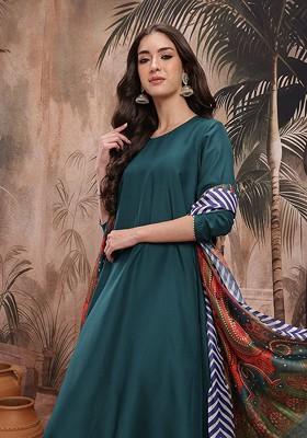 Teal Solid Blended Kurta Set