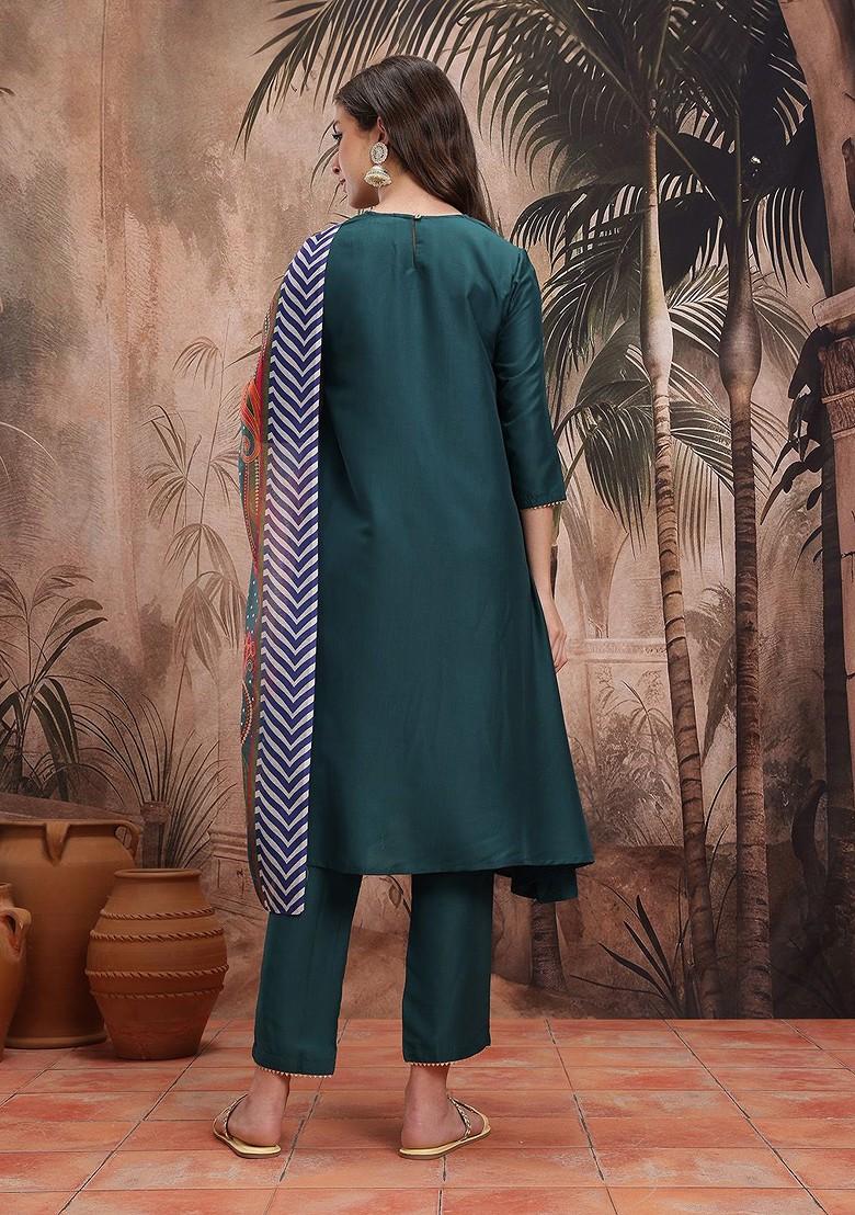 Teal Solid Blended Kurta Set - Indya
