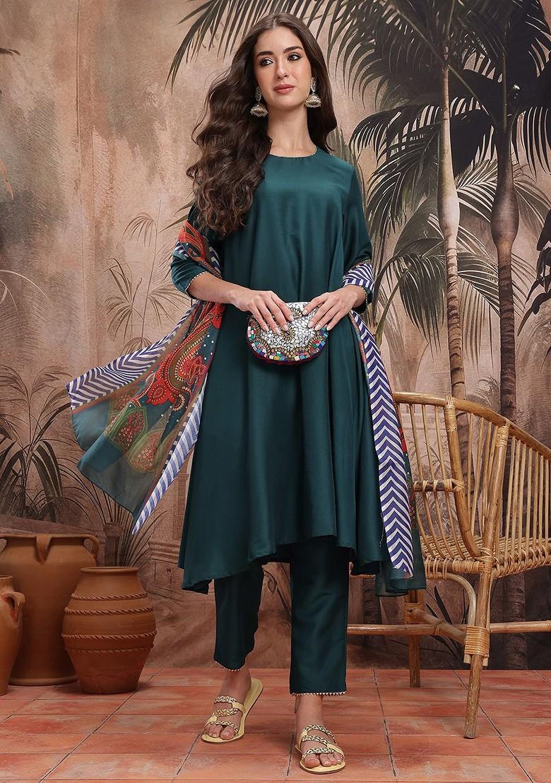 Teal Solid Blended Kurta Set - Indya