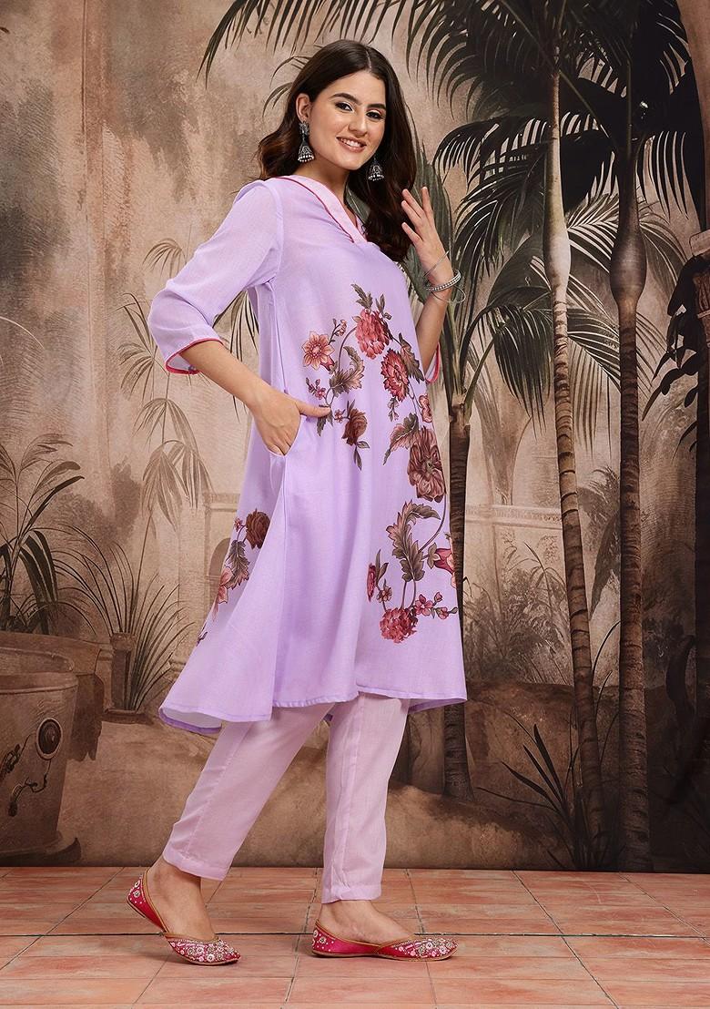 Lavender Printed Blended Kurta Set - Indya