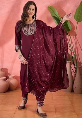 Maroon Sequinned Blended Kurta Set