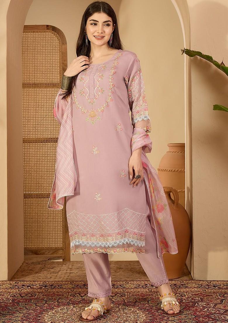 Mauve Embroidered Blended Kurta Set - Indya