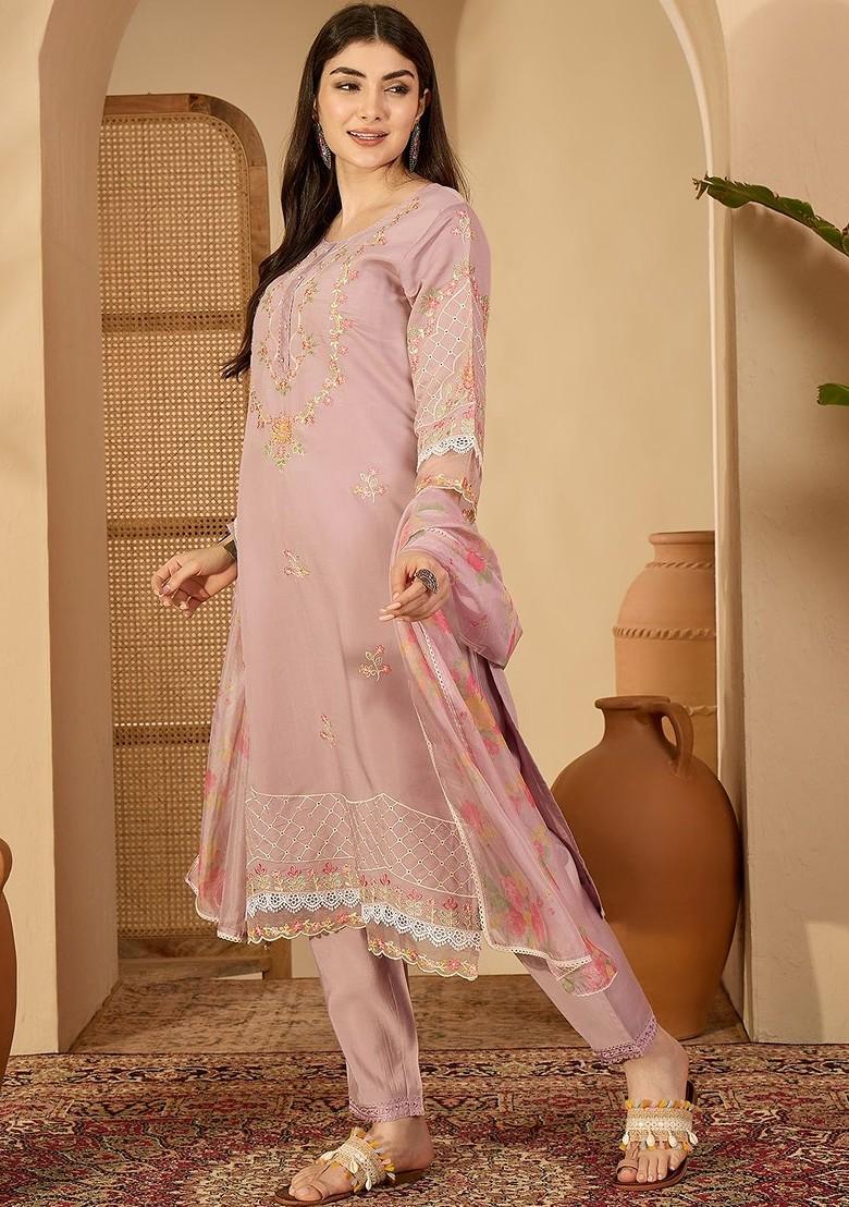 Mauve Embroidered Blended Kurta Set - Indya