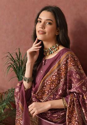 Burgundy Embroidered Blended Kurta Set