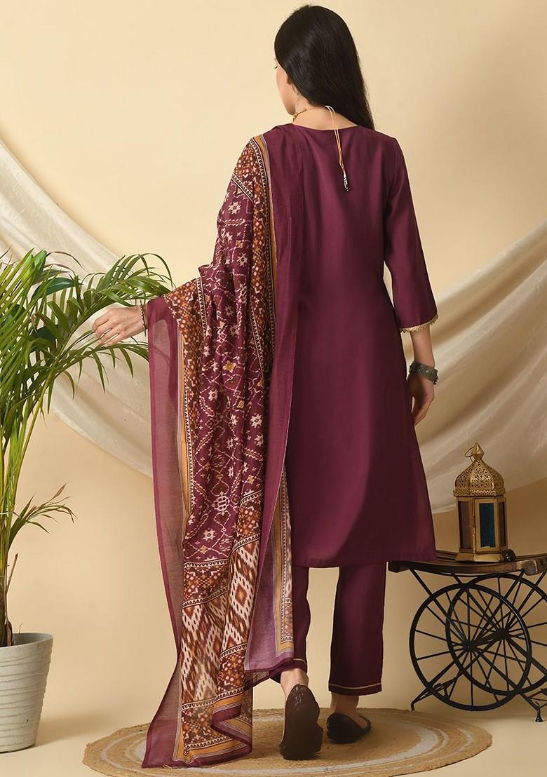 Burgundy Embroidered Blended Kurta Set - Indya