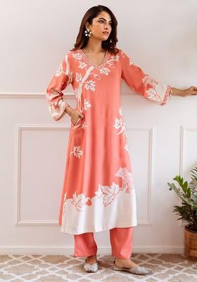 Peach Printed Blended Kurta Set
