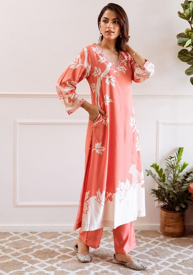 Peach Printed Blended Kurta Set - Indya