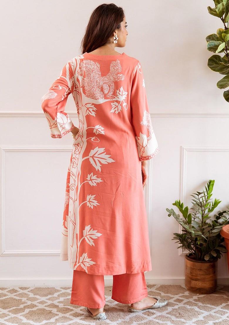 Peach Printed Blended Kurta Set - Indya