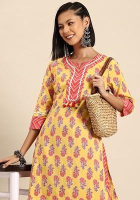 Yellow Printed Blended Kurta Set