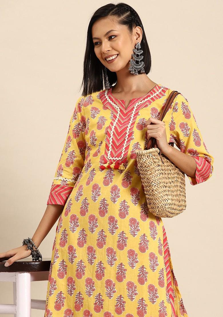 Yellow Printed Blended Kurta Set - Indya