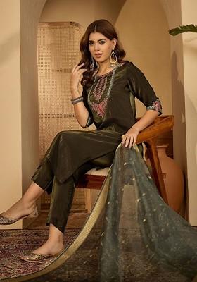 Olive Embroidered Blended Kurta Set