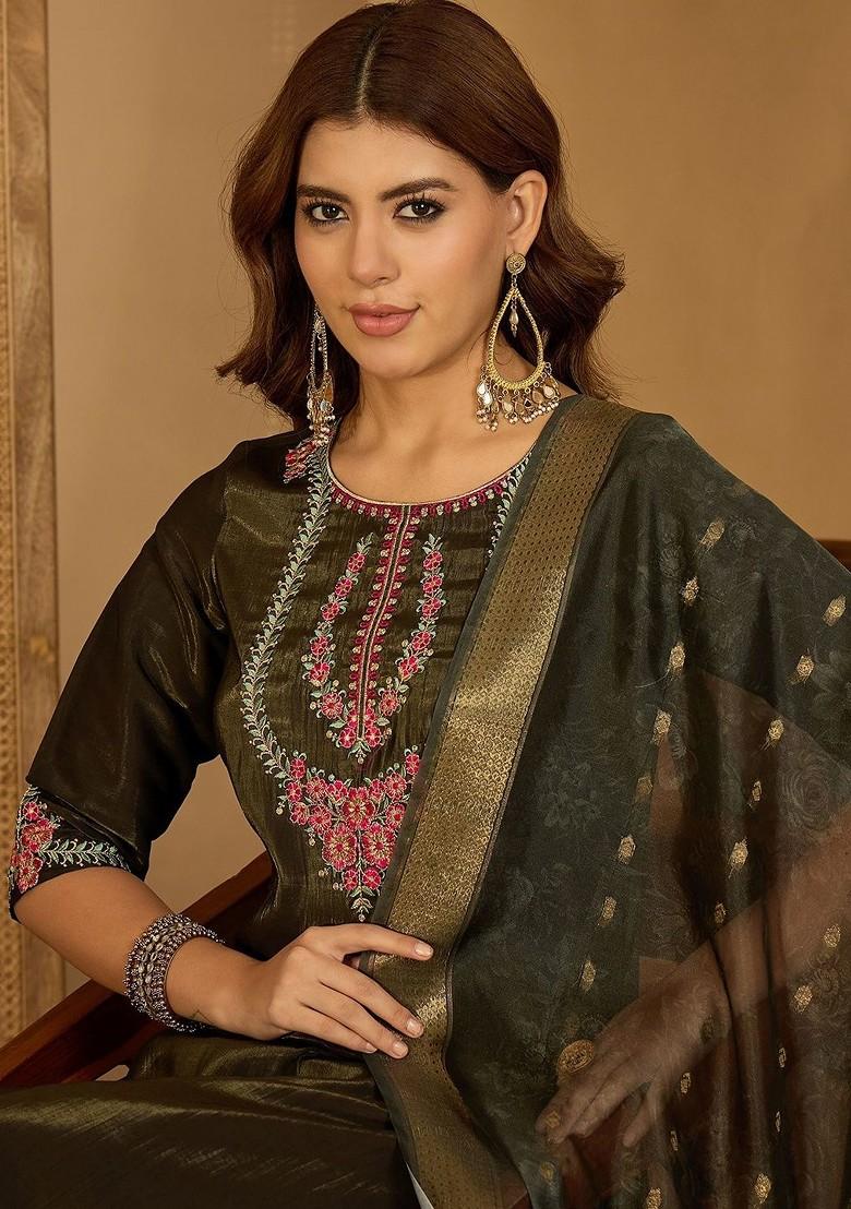 Olive Embroidered Blended Kurta Set - Indya