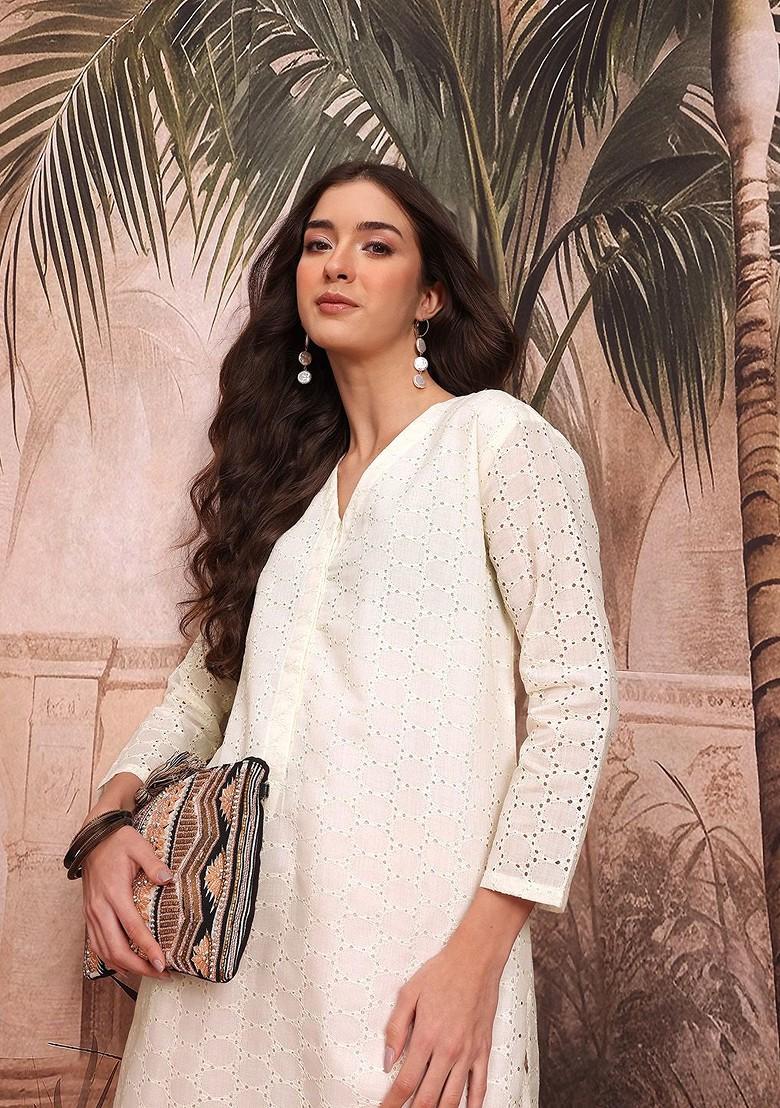 Off White Self Design Blended Kurta Set - Indya