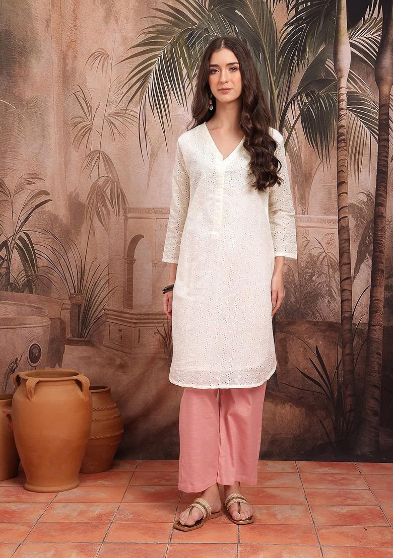 Off White Self Design Blended Kurta Set - Indya