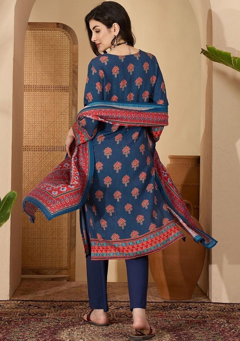 Navy Blue Printed Blended Kurta Set - Indya