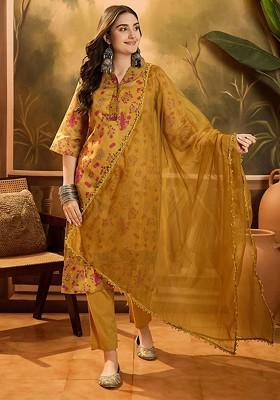 Mustard Printed Blended Kurta Set