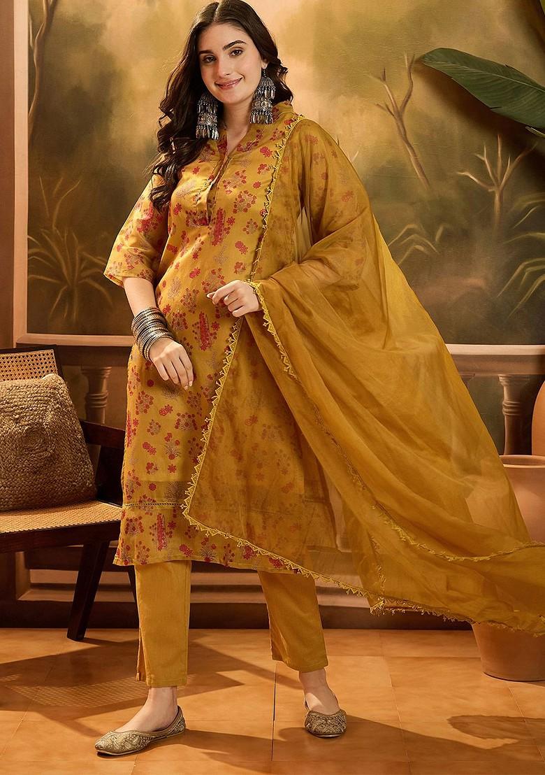 Mustard Printed Blended Kurta Set - Indya