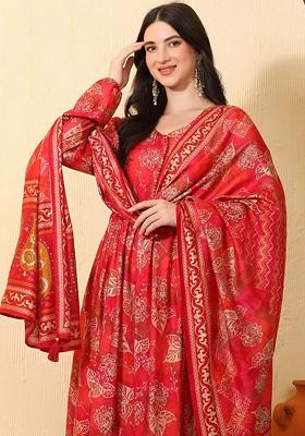 Red Printed Blended Kurta Set