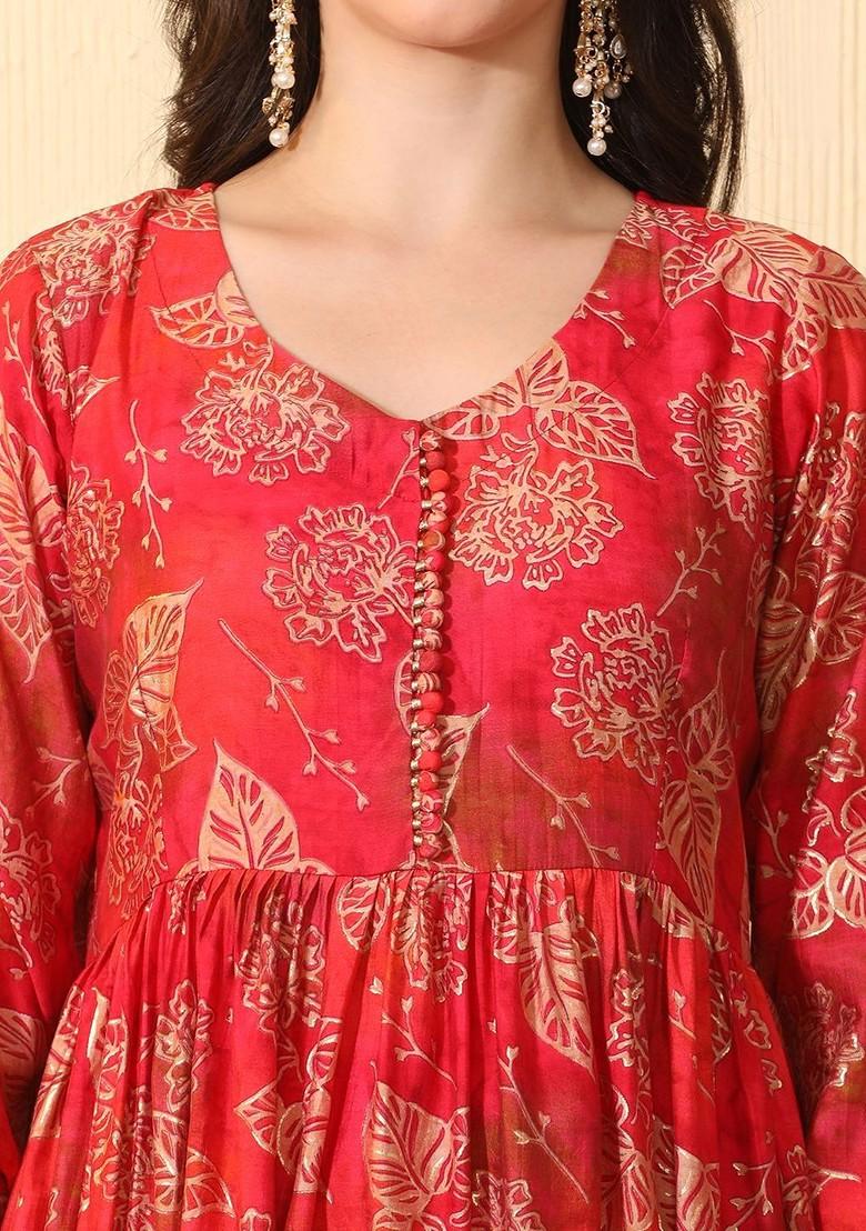 Red Printed Blended Kurta Set - Indya