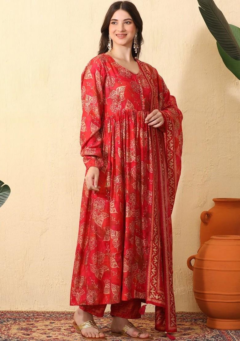 Red Printed Blended Kurta Set - Indya