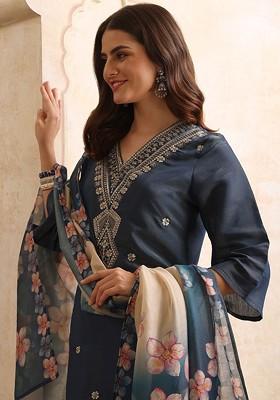 Blue Embroidered Blended Kurta Set