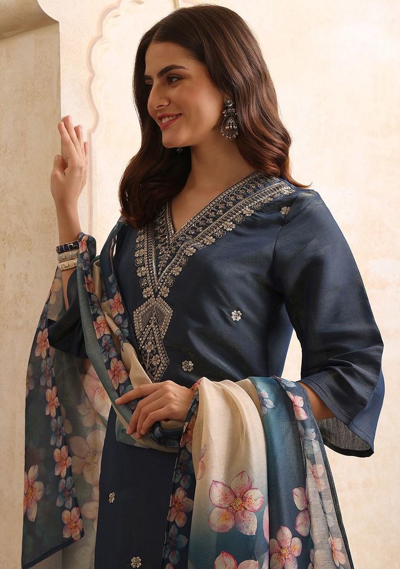 Blue Embroidered Blended Kurta Set - Indya
