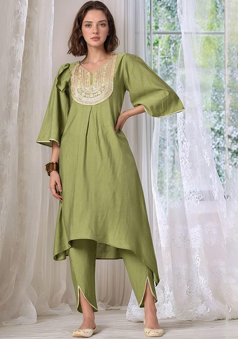 Green Yoke Design Blended Kurta Set - Indya