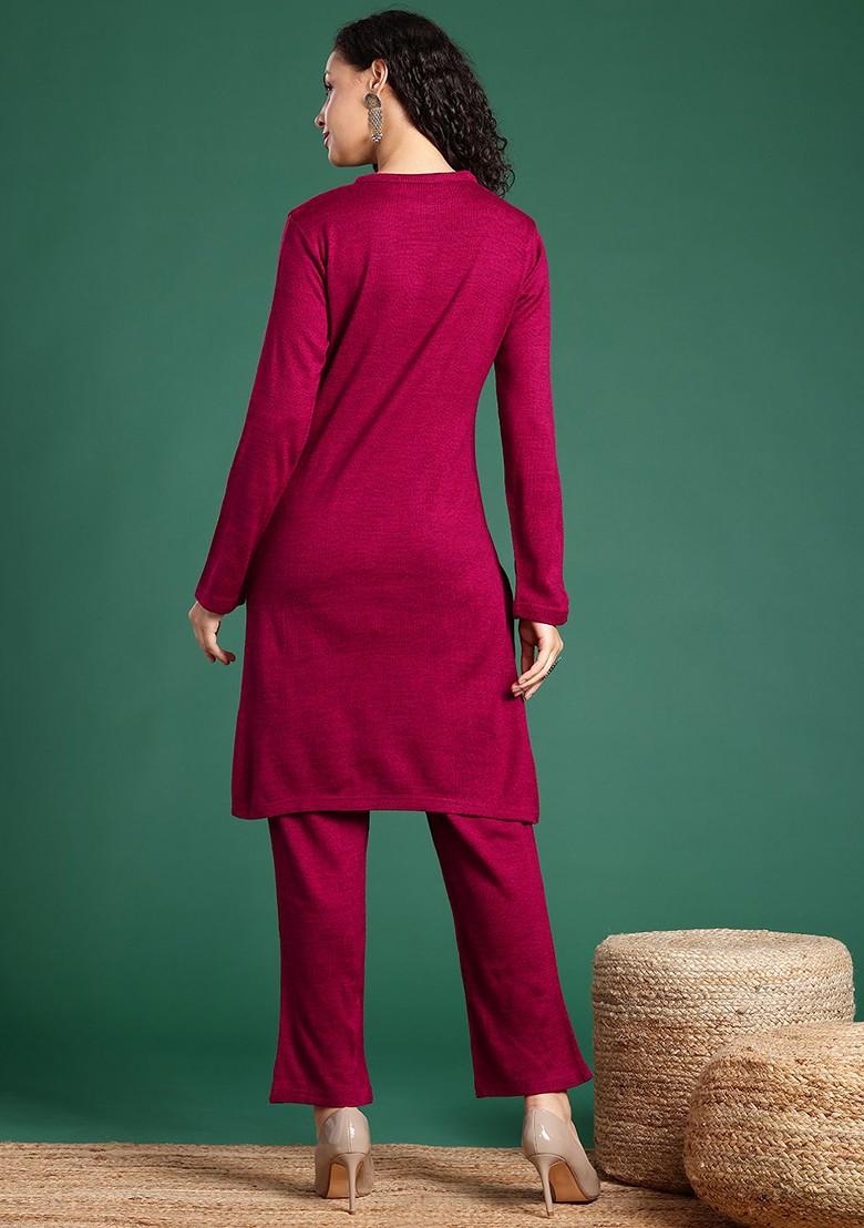 Maroon Printed Blended Kurta Set - Indya