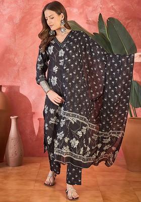 Black Printed Blended Kurta Set