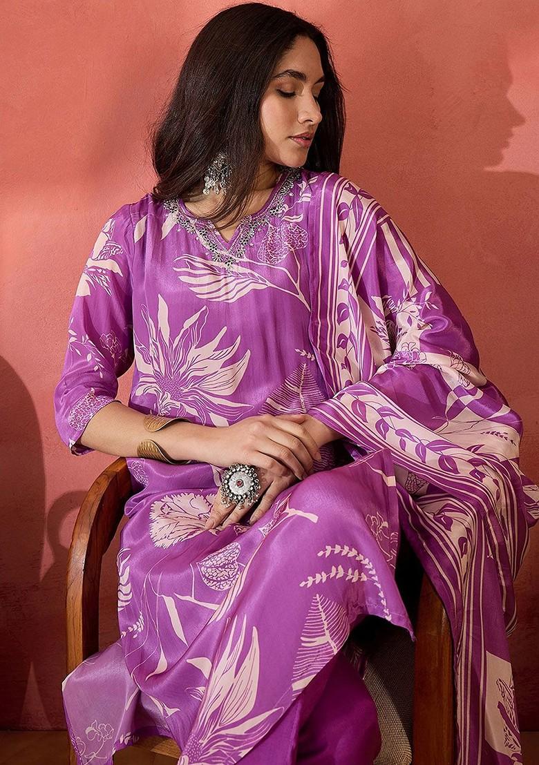 Lavender Printed Blended Kurta Set - Indya